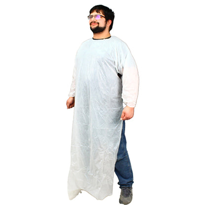 Safety Zone® ProGuard® CPE Isolation Gowns, Long Sleeves, Elastic Wrists, 1.75 Mil, White, 50/Bag, 2 Bags/Case, 60" Long (SZNMCPE-60W)