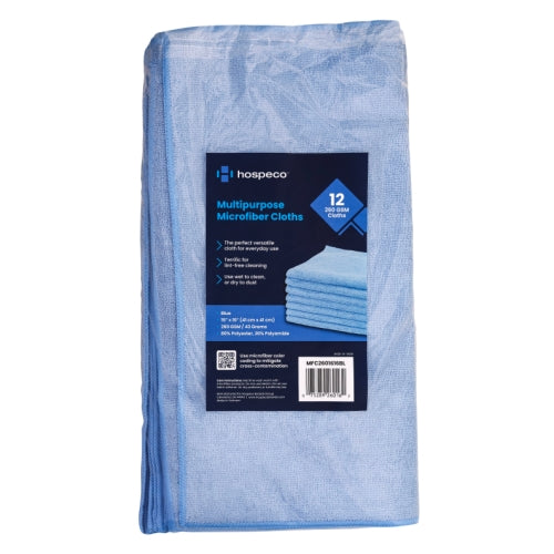 Hospeco® Microfiber Cloth 16x16 260 GSM Half-Fold Blue, Pack of 12 (HOSMFC2601616BL)