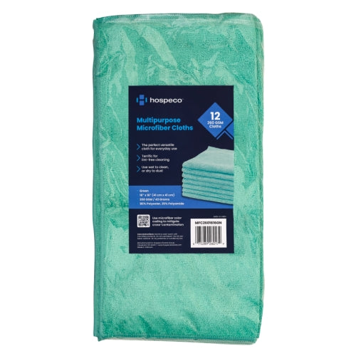 Hospeco® Microfiber Cloth 16x16 260 GSM Half-Fold Green, Pack of 12 (HOSMFC2601616GN)