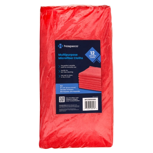 Hospeco® Microfiber Cloth 16x16 260 GSM Half-Fold Red, Pack of 12 (HOSMFC2601616RD)