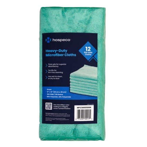 Hospeco® Microfiber Cloth 12x12 300 GSM Half-Fold Green, Pack of 12 (HOSMFC3001212GN)
