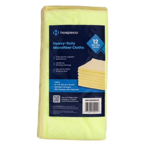 Hospeco® Microfiber Cloth 12x12 300 GSM Half-Fold Yellow, Pack of 12 (HOSMFC3001212YE)