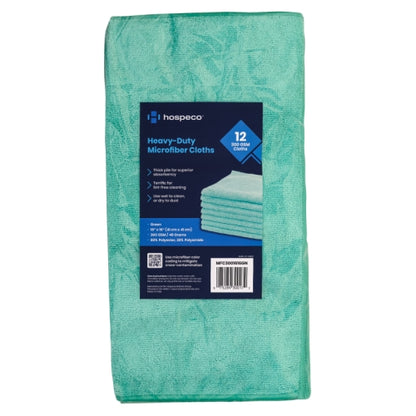 Hospeco® Microfiber Cloth 16x16 300 GSM Half-Fold Green, Pack of 12 (HOSMFC3001616GN)