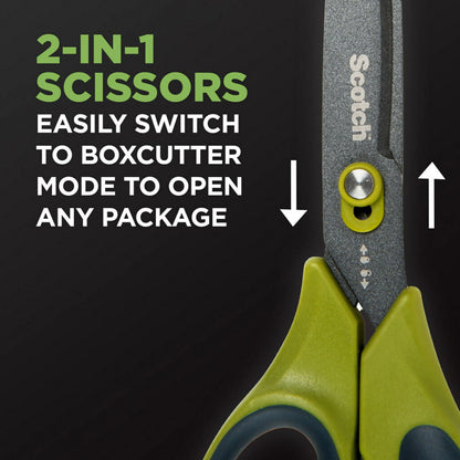 Scotch Non-Stick Unboxing Scissors, 8" Long, 2.7" Cut Length, Green/Black Handle (MMM1488NS)