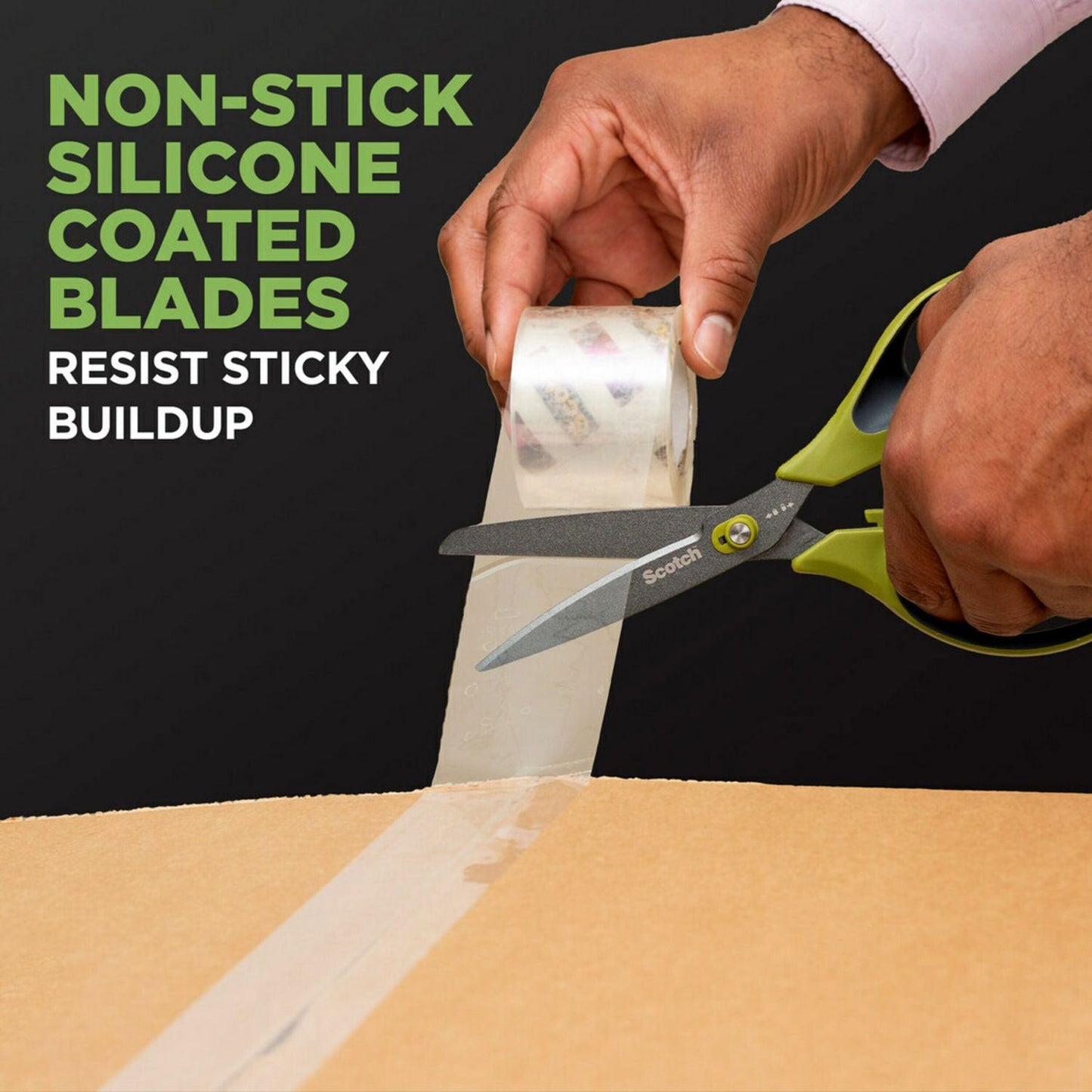 Scotch Non-Stick Unboxing Scissors, 8" Long, 2.7" Cut Length, Green/Black Handle (MMM1488NS)