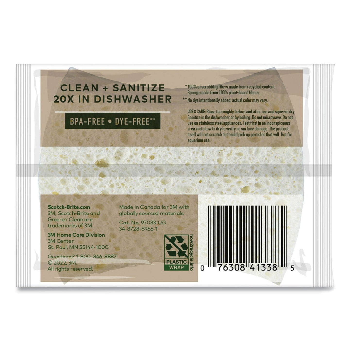 Scotch Brite Greener Clean Non-Scratch Scrub Sponge, 2.6 x 3.3, 0.7" Thick, White, 3/Pack (MMM97033UG)