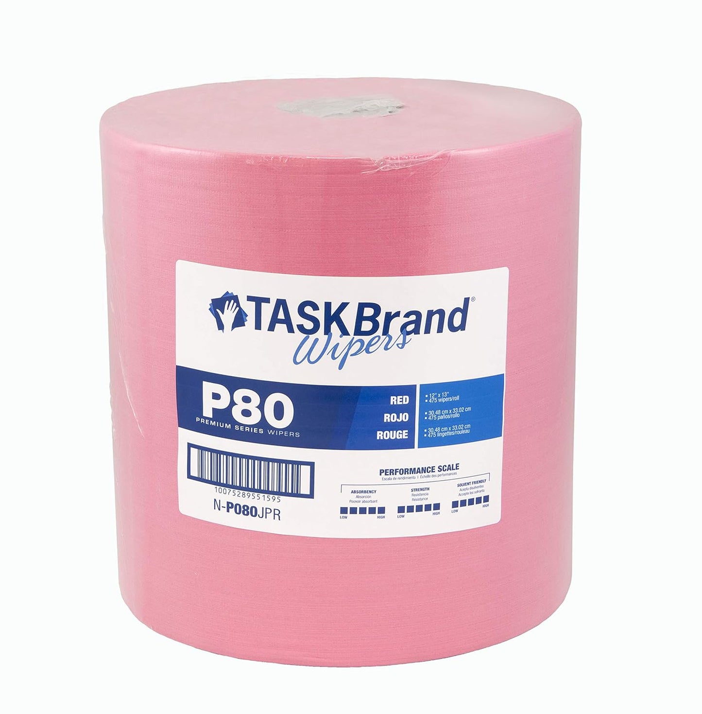 TASKBrand® P80 Premium Series Wipers, Hydrospun, Red, 12"x12", Premium Duty, Jumbo Roll, 475/Roll, 1 rl/Case (HOSN-P080JPR)