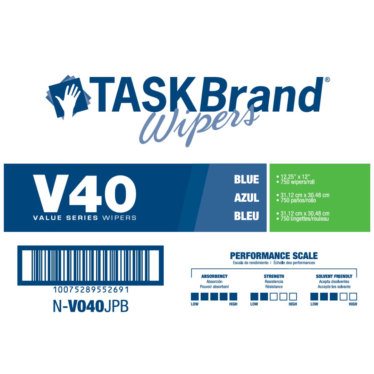 TASKBrand® V40 Value Series Wipers, DRC, Blue, 12.25"x12", Heavy Duty, Jumbo Roll, 750/Roll, 1 Roll/Case (HOSN-V040JPB)