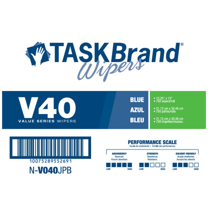 TASKBrand® V40 Value Series Wipers, DRC, Blue, 12.25"x12", Heavy Duty, Jumbo Roll, 750/Roll, 1 Roll/Case (HOSN-V040JPB)