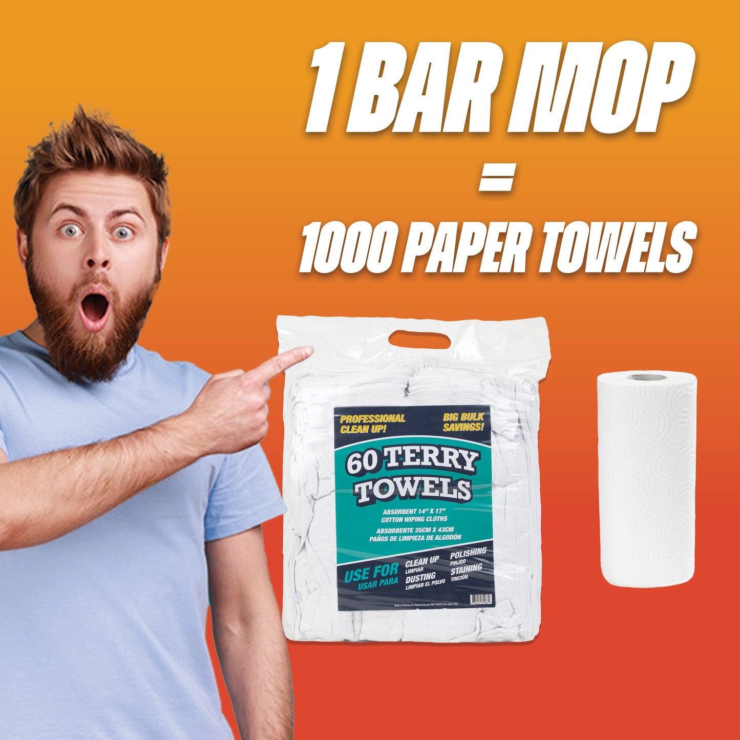 Hospeco® Terry Towel White Cotton Cleaning Cloths 14x17, Case of 300 (HOSN030-TT60)