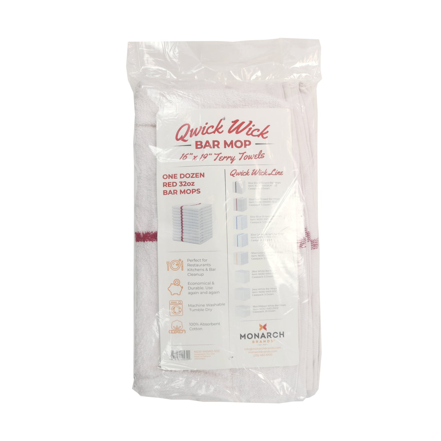 Hospeco® Qwick Wick Bar Mop Towel 30oz Red Stripe, Case of 60 (HOSN030-W65RD-5DZ)