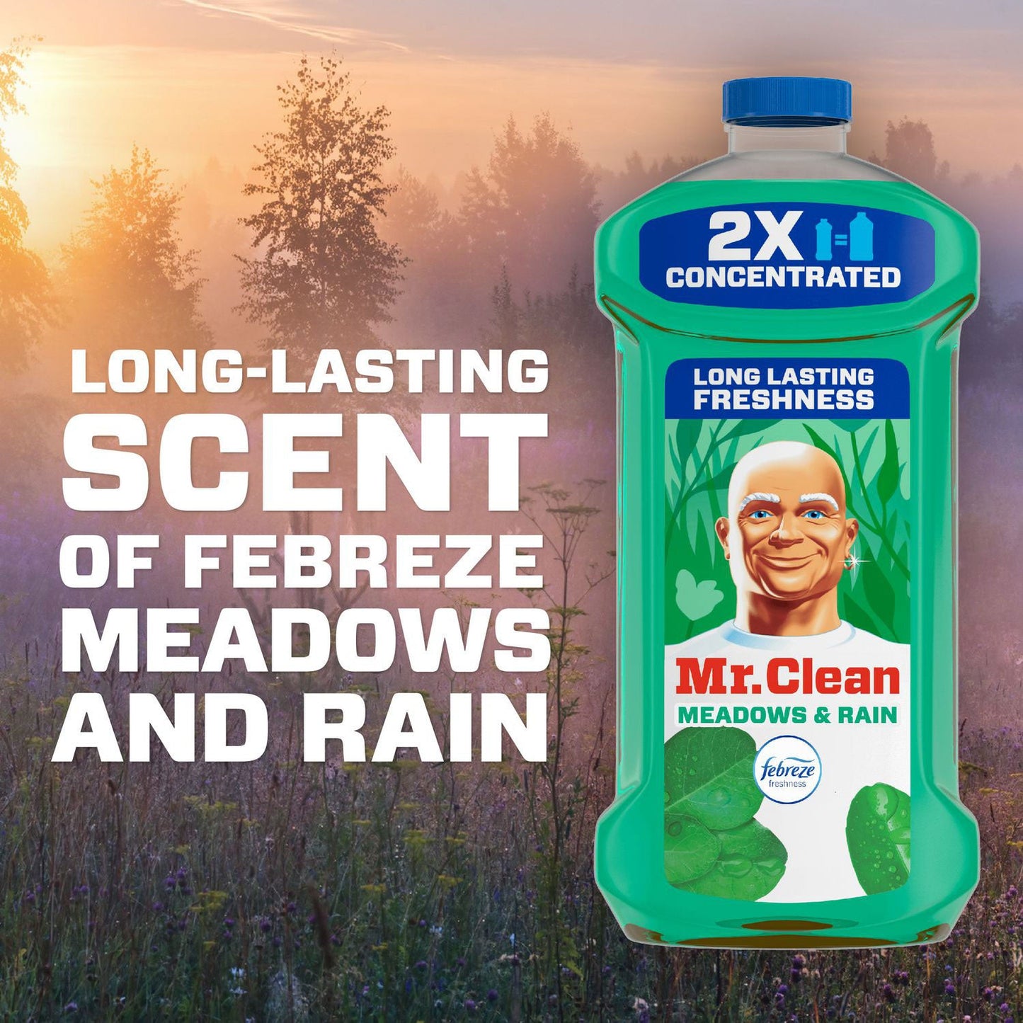 Mr. Clean Multipurpose Cleaning Solution with Febreze, Meadows and Rain, 64 oz Bottle, 4/Carton (PGC10725)