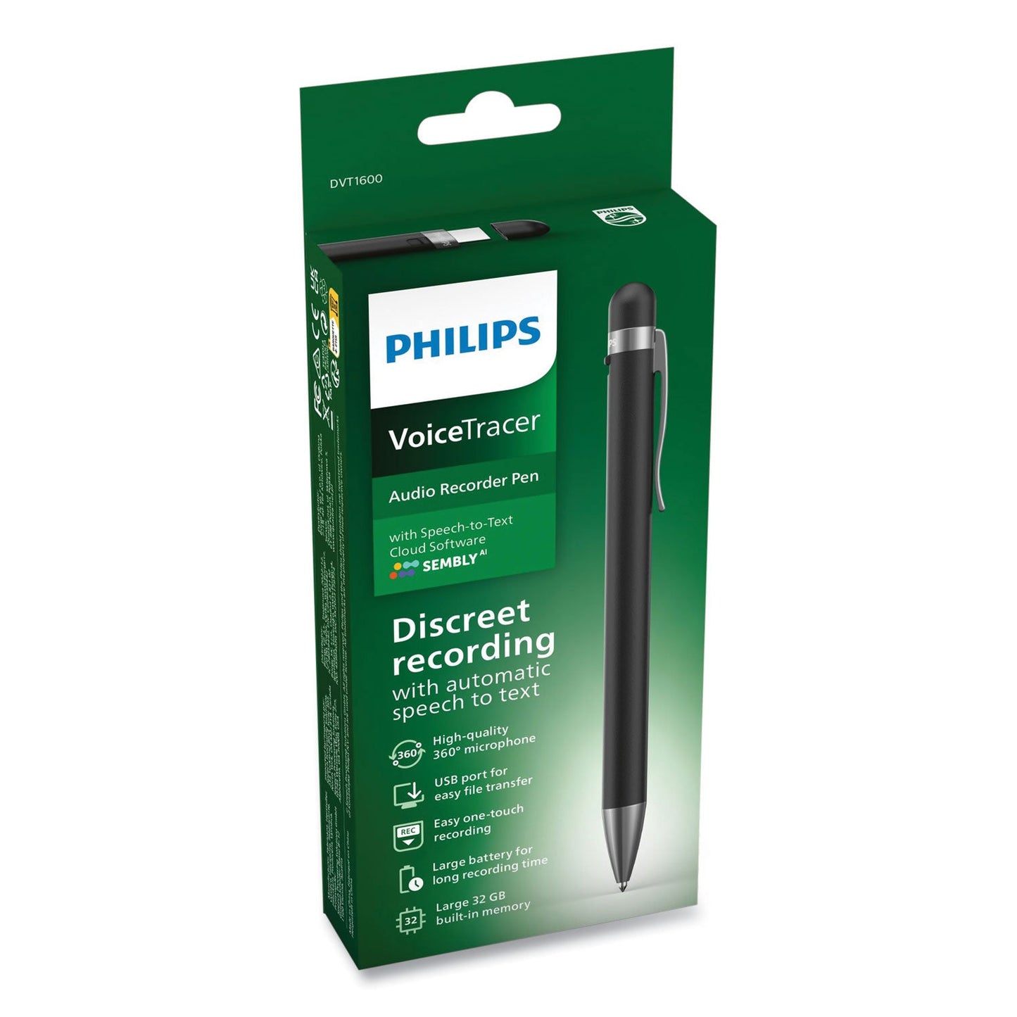 Philips Voice Tracer DVT1600 Digital Recorder Pen with Sembly, 32 GB (PSPDVT1600)