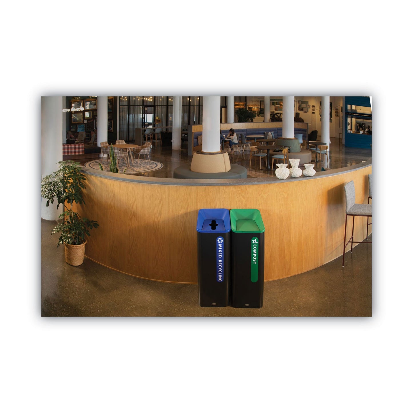 Rubbermaid Sustain Decorative Refuse with Recycling Lid, 15 gal, Metal/Plastic, Black/Green (RCP2078991)