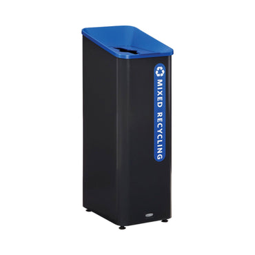Rubbermaid Sustain Decorative Refuse with Recycling Lid, 15 gal, Metal/Plastic, Black/Blue (RCP2078994)