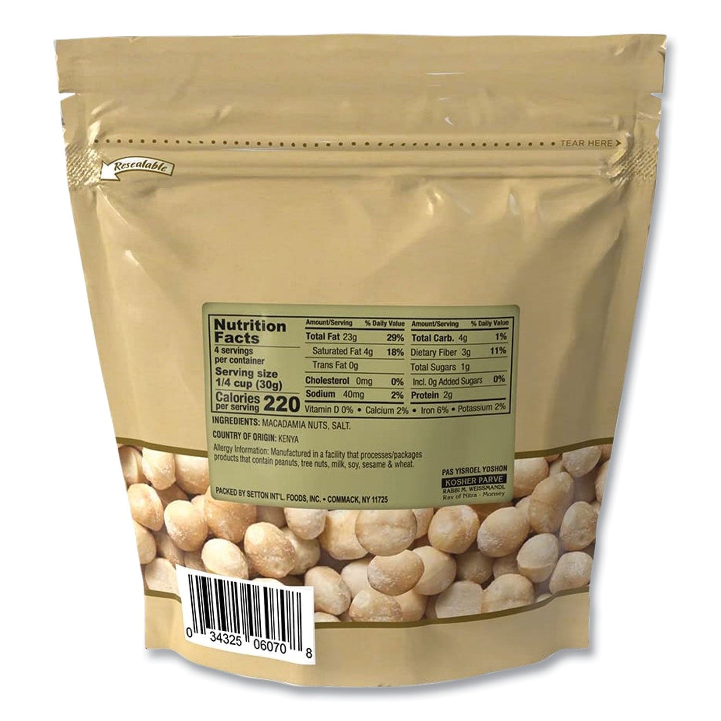 Setton Farms Macadamia Nuts, Dry Roasted, Salted, 4 oz Bag, 12/Carton (SEF6070)