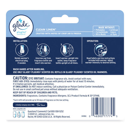 Glade Plugins Scented Oil Refill, Clean Linen, 0.67 oz, 5/Pack (SJN322829)