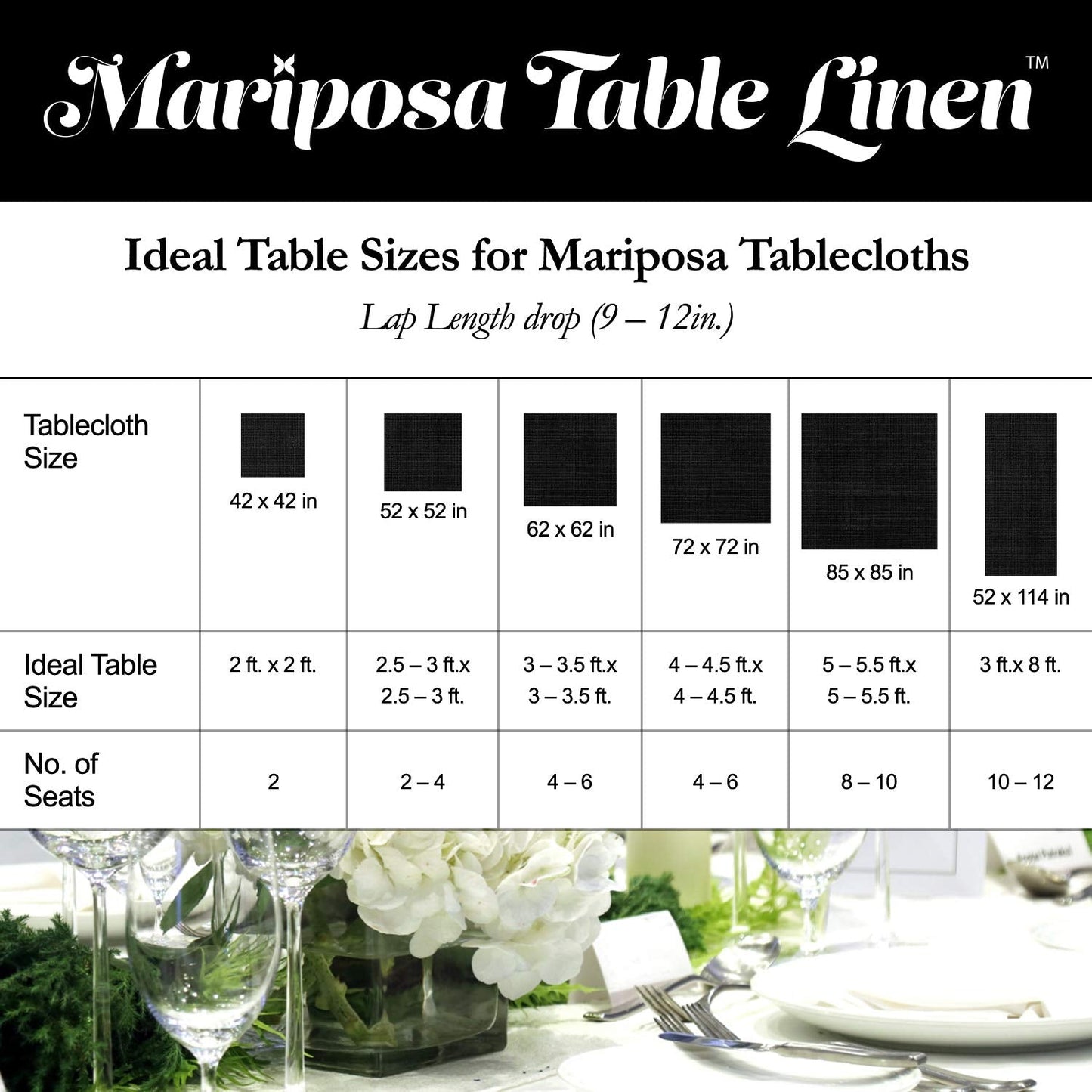 Hospeco® Mariposa Tablecloth 52x52 Black, Pack of 6 (HOSP-TL-52X52-BLK-6PK)