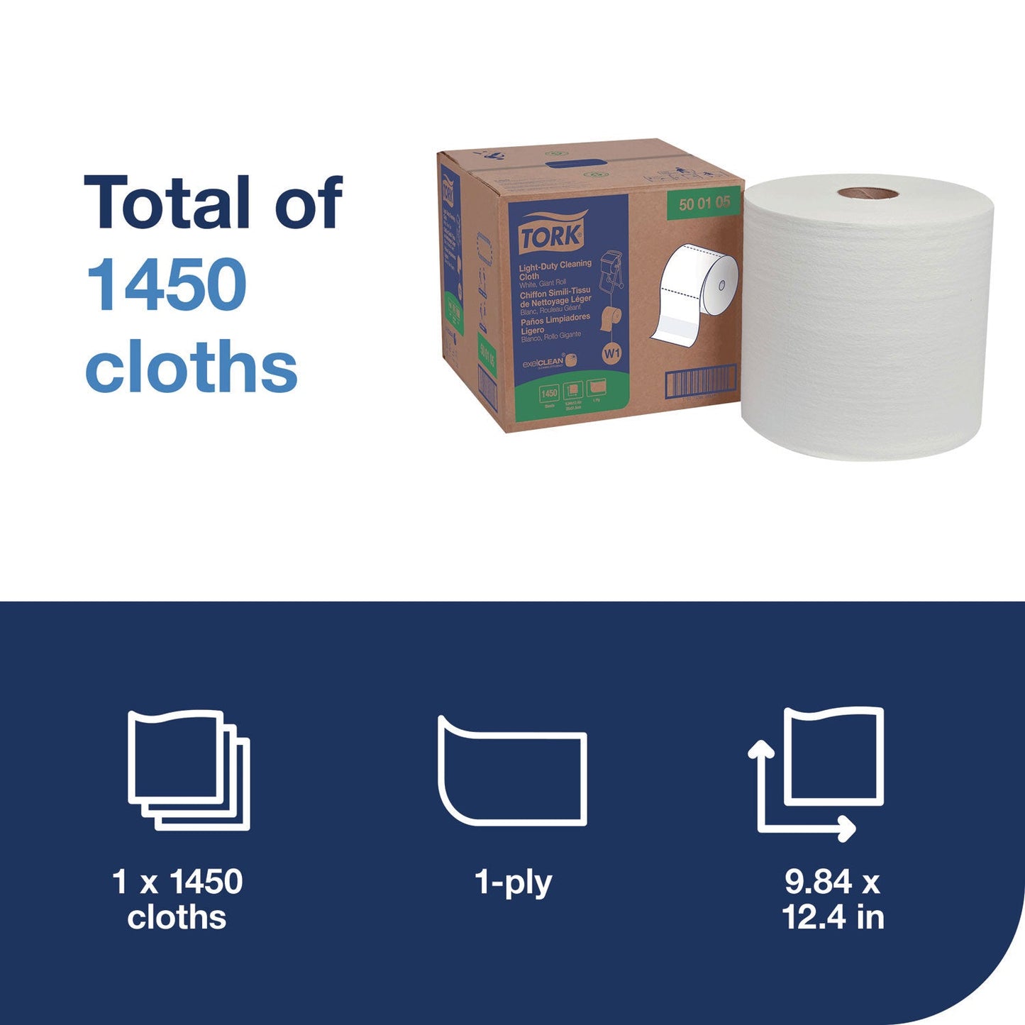 Tork Light Duty Cleaning Cloth, Giant Roll, 1-Ply, 9 x 12.4, White, 1,450 Sheet Roll/Carton (TRK500105)