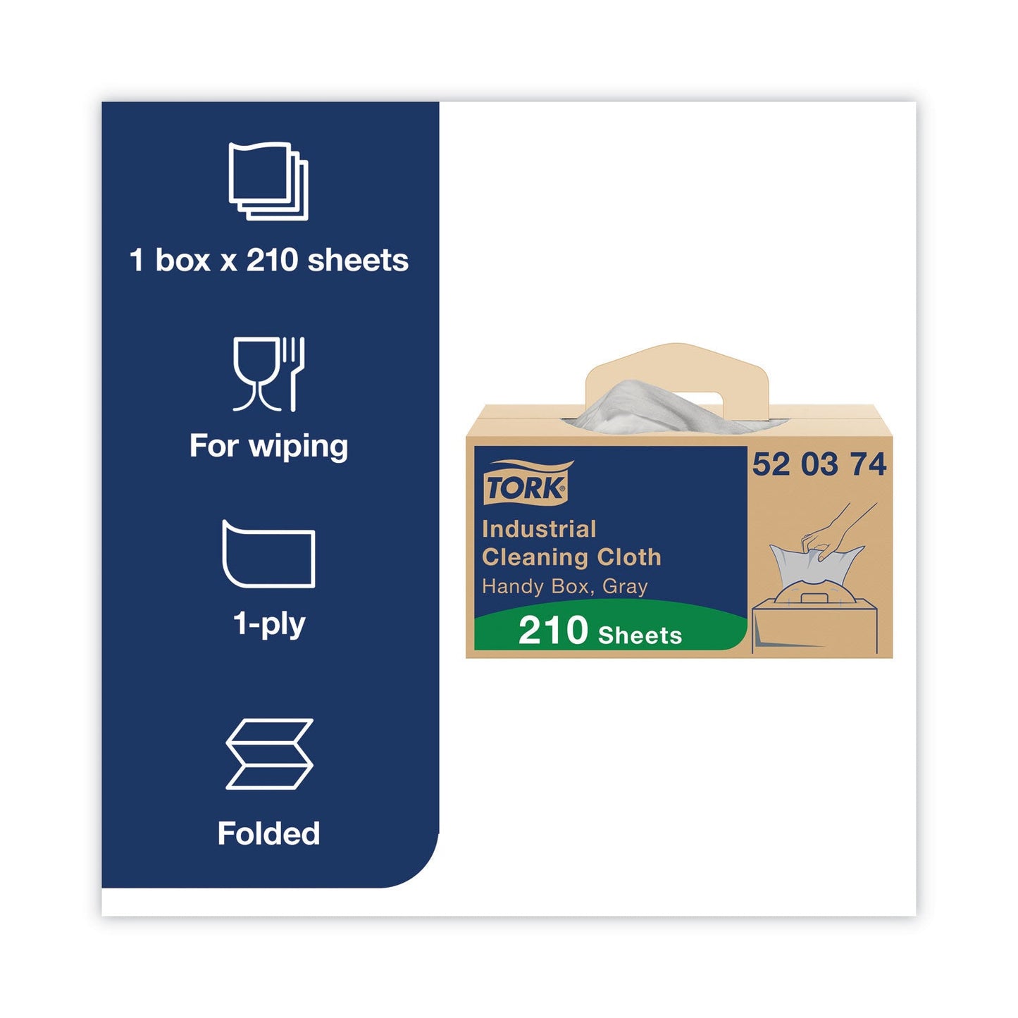 Tork Industrial Cleaning Cloths, 1-Ply, 16.34 x 14, Gray, 210 Wipes/Box (TRK520374)