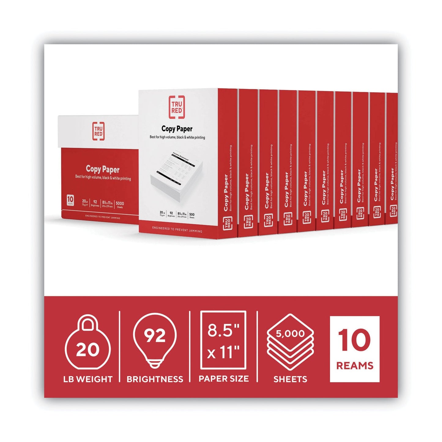 TRU RED Printer Paper, 92 Bright, 20 lb Bond Weight, 8.5 x 11, 500 Sheets/Ream, 10 Reams/Carton (TUD135848)