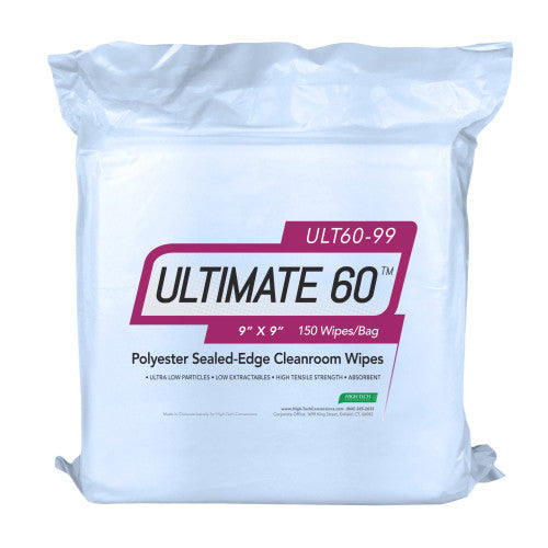 High-Tech Conversions ULTIMATE 60™ Non-Sterile Polyester Knit Cleanroom Wipes w/ Sealed-Edges, Standard Weight (115 GSM), 9"x9", 150/Bag (HOSULT60-99)