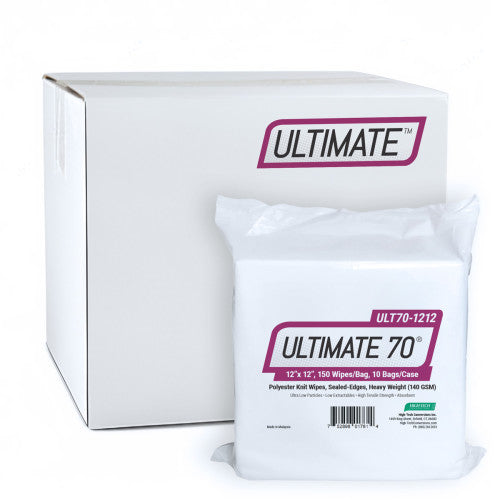 High-Tech Conversions ULTIMATE 70® Non-Sterile Polyester Knit Cleanroom Wipes w/ Sealed-Edges, Heavy Weight (140 GSM), 12"x12", 150/Bag (HOSULT70-1212)