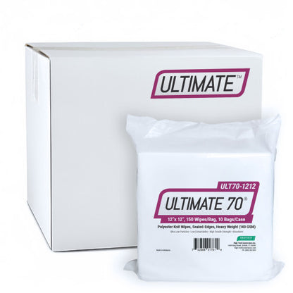 High-Tech Conversions ULTIMATE 70® Non-Sterile Polyester Knit Cleanroom Wipes w/ Sealed-Edges, Heavy Weight (140 GSM), 12"x12", 150/Bag (HOSULT70-1212)