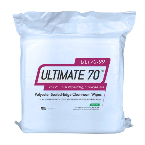 High-Tech Conversions ULTIMATE 70® Non-Sterile Polyester Knit Cleanroom Wipes w/ Sealed-Edges, Heavy Weight (140 GSM), 9"x9", 150/Bag (HOSULT70-99)