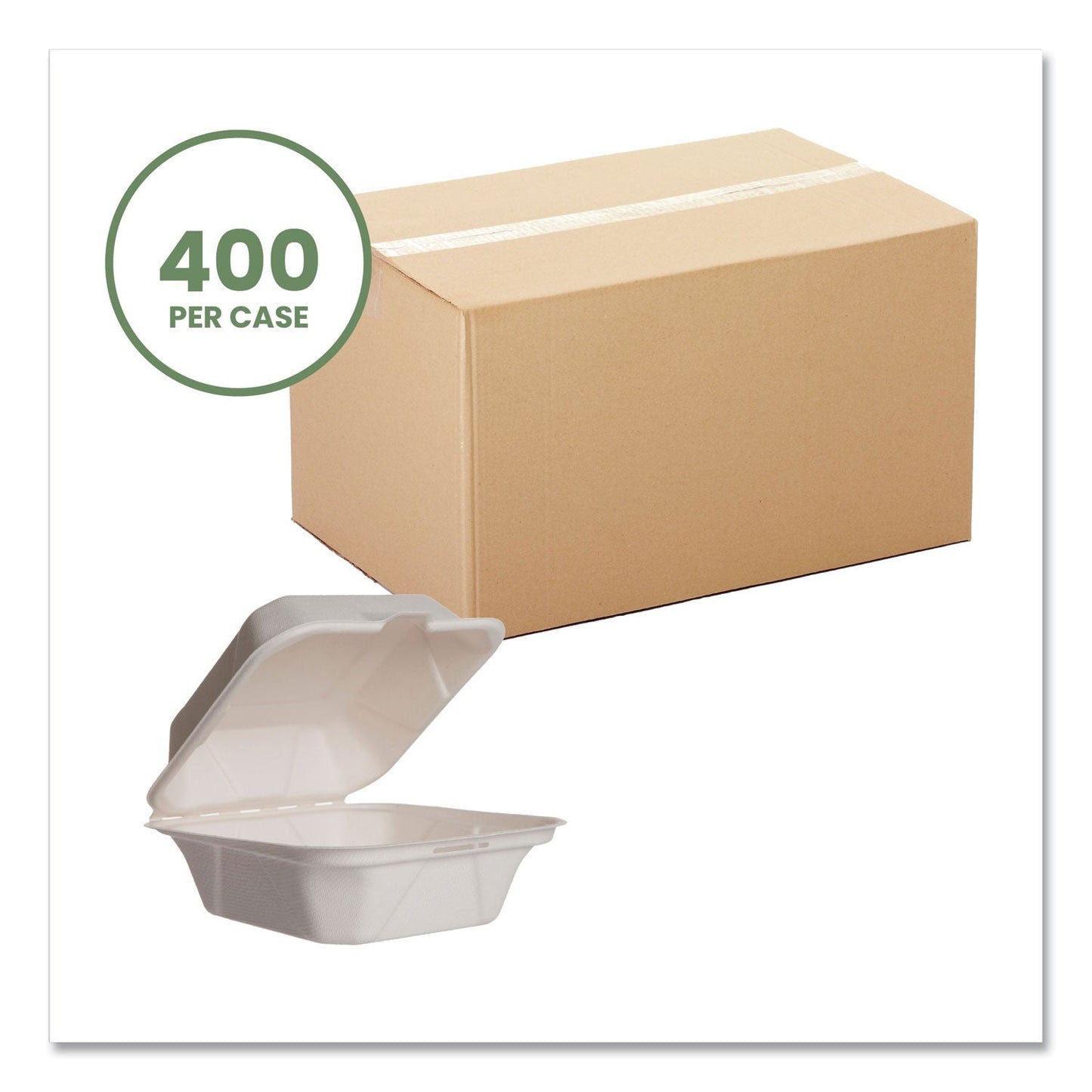 Vegware White Molded Fiber Clamshell Containers, 6 x 12 x 2, White, Sugarcane, 400/Carton (VEGWHBRG6HW)
