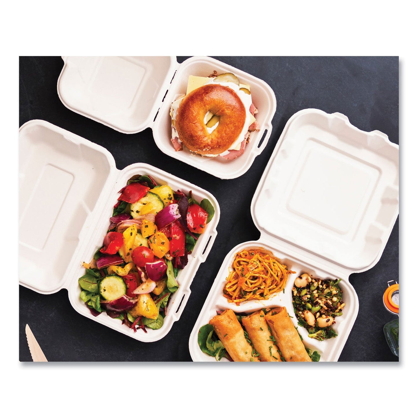 Vegware White Molded Fiber Clamshell Containers, 9 x 11 x 2, White, Sugarcane, 250/Carton (VEGWHBRGHOAGIE)
