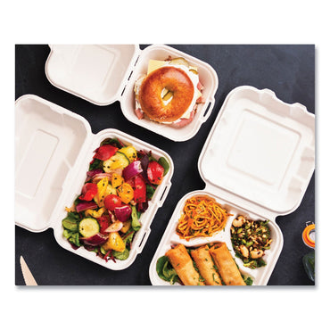 Vegware White Molded Fiber Clamshell Containers, 9 x 11 x 2, White, Sugarcane, 250/Carton (VEGWHBRGHOAGIE)