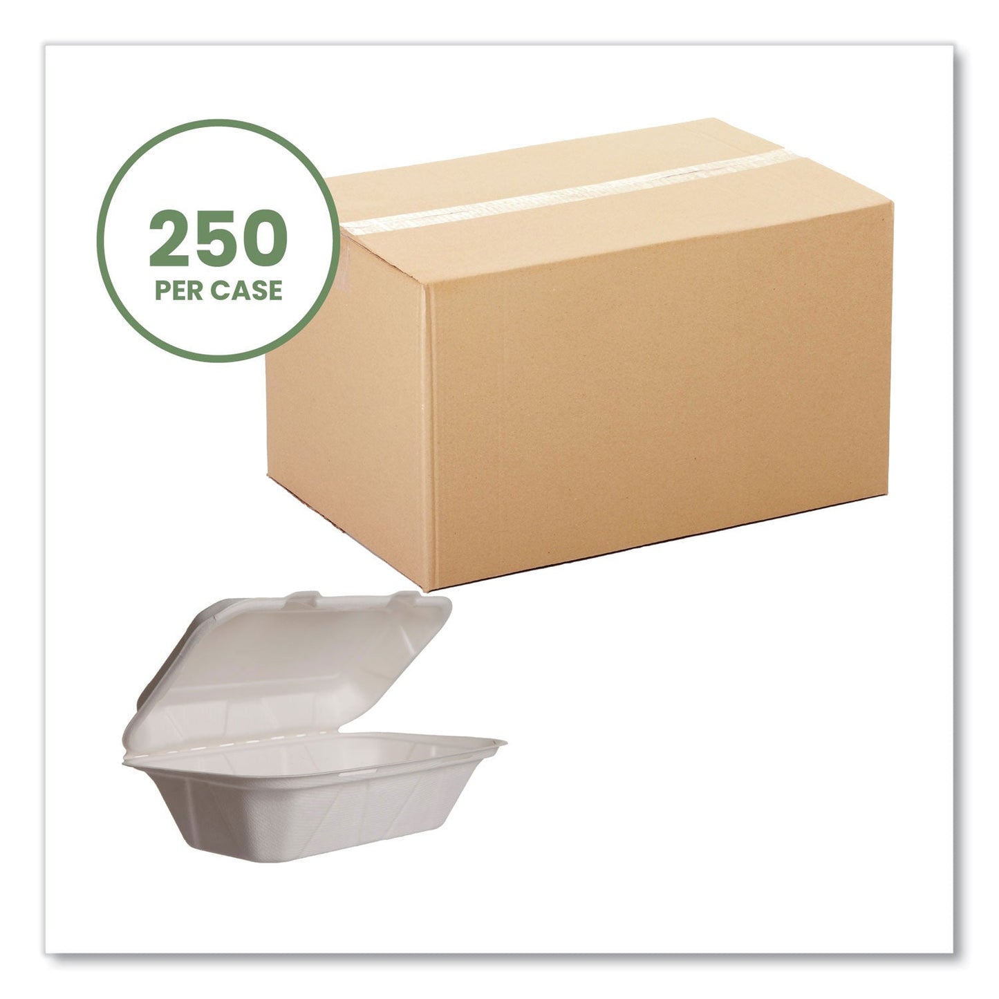 Vegware White Molded Fiber Clamshell Containers, 9 x 11 x 2, White, Sugarcane, 250/Carton (VEGWHBRGHOAGIE)