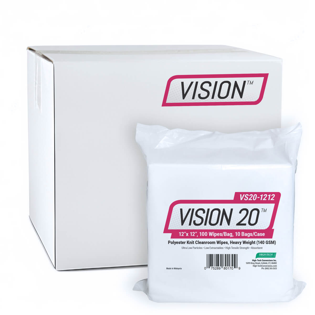 High-Tech Conversions VISION 20® Non-Sterile Polyester Knit Cleanroom Wipes, Heavy-Weight (140 GSM), 12"x12", 100/Bag, 10 Bags/Case (HOSVS20-1212)