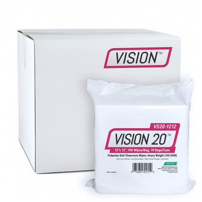 High-Tech Conversions VISION 20® Non-Sterile Polyester Knit Cleanroom Wipes, Heavy-Weight (140 GSM), 12"x12", 100/Bag, 10 Bags/Case (HOSVS20-1212)