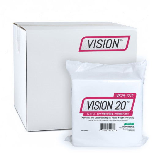 High-Tech Conversions VISION 20® Non-Sterile Polyester Knit Cleanroom Wipes, Heavy-Weight (140 GSM), 12"x12", 100/Bag, 10 Bags/Case (HOSVS20-1212)