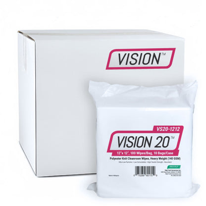 High-Tech Conversions VISION 20® Non-Sterile Polyester Knit Cleanroom Wipes, Heavy-Weight (140 GSM), 12"x12", 100/Bag, 10 Bags/Case (HOSVS20-1212)