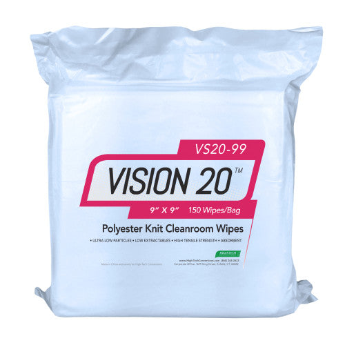 High-Tech Conversions VISION 20® Non-Sterile Polyester Knit Cleanroom Wipes, Heavy-Weight (140 GSM), 9"x9", 150/Bag (HOSVS20-99)