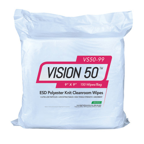 High-Tech Conversions VISION 50™ Non-Sterile Polyester ESD Cleanroom Wipes, Heavy Weight (140 GSM), 9"x9", 150/Bag, 12 Bags/Case (HOSVS50-99)