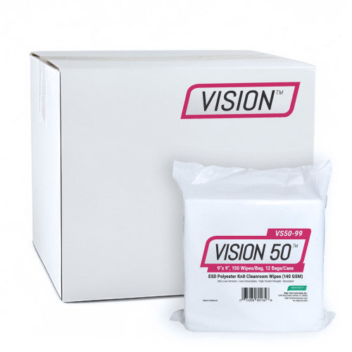 High-Tech Conversions VISION 50™ Non-Sterile Polyester ESD Cleanroom Wipes, Heavy Weight (140 GSM), 9"x9", 150/Bag, 12 Bags/Case (HOSVS50-99)