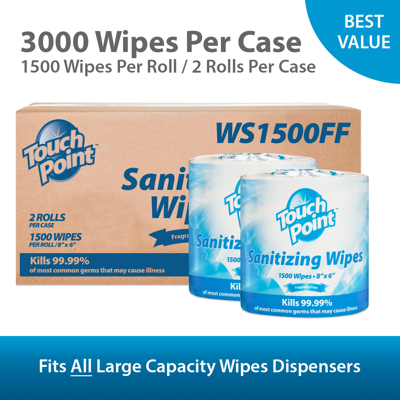 Touch Point® Hand Sanitizing Wipes Large Roll, 1500 Wipes (8"x6") (PNPWS1500FF)