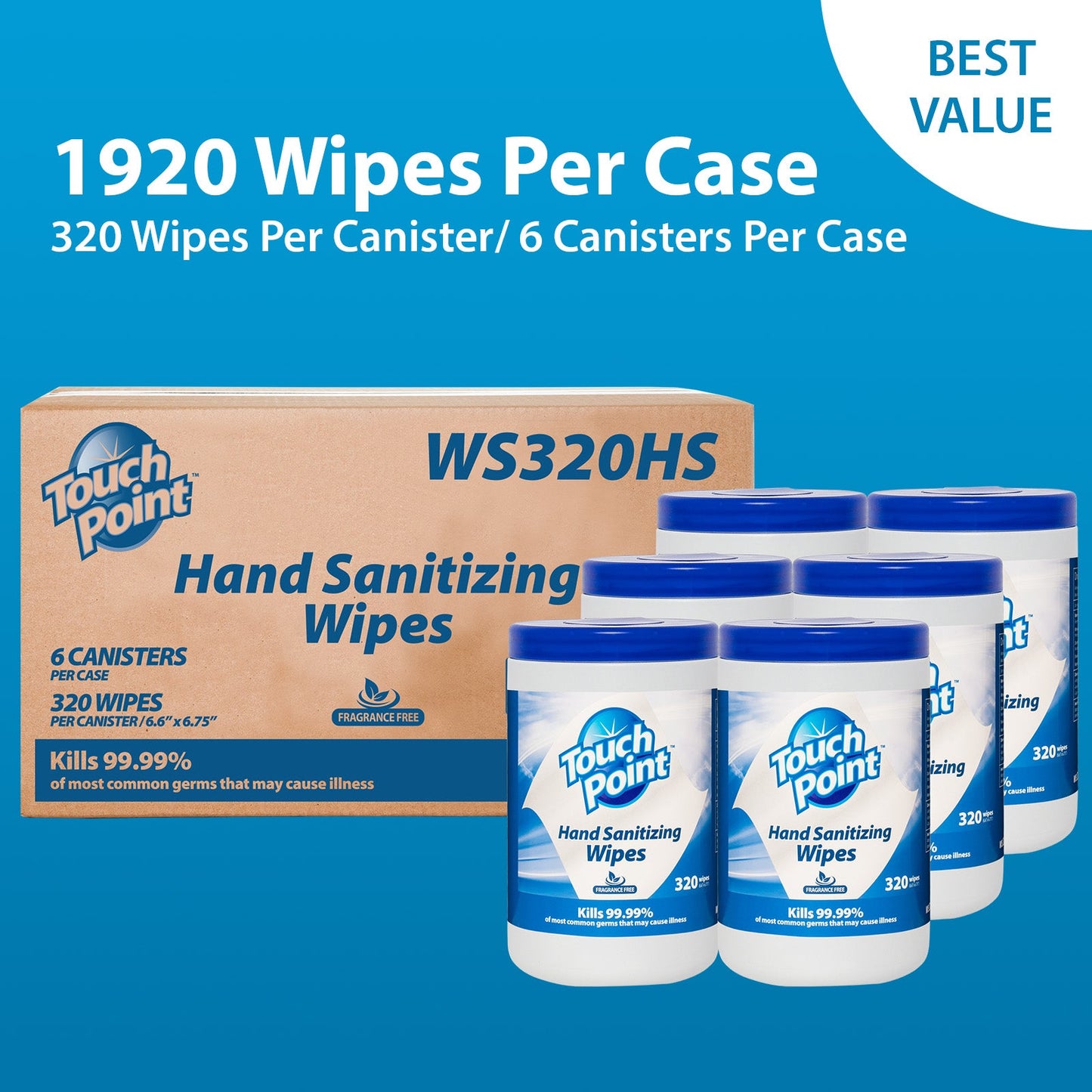 Touch Point® Touch Point® Hand Sanitizing Wipes Canister, 6.7"x6.75", 320/Canister (HOSPNPWS320HS)