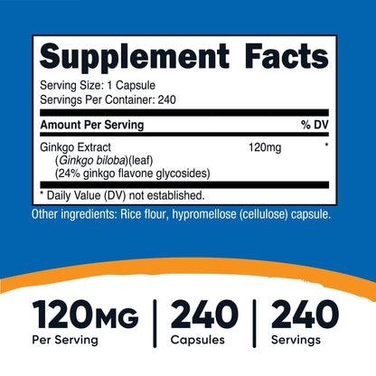 nutricost® Dietary Supplement Ginko Biloba 120 mg Strength Capsule 240 Per Bottle (1270262_BT)