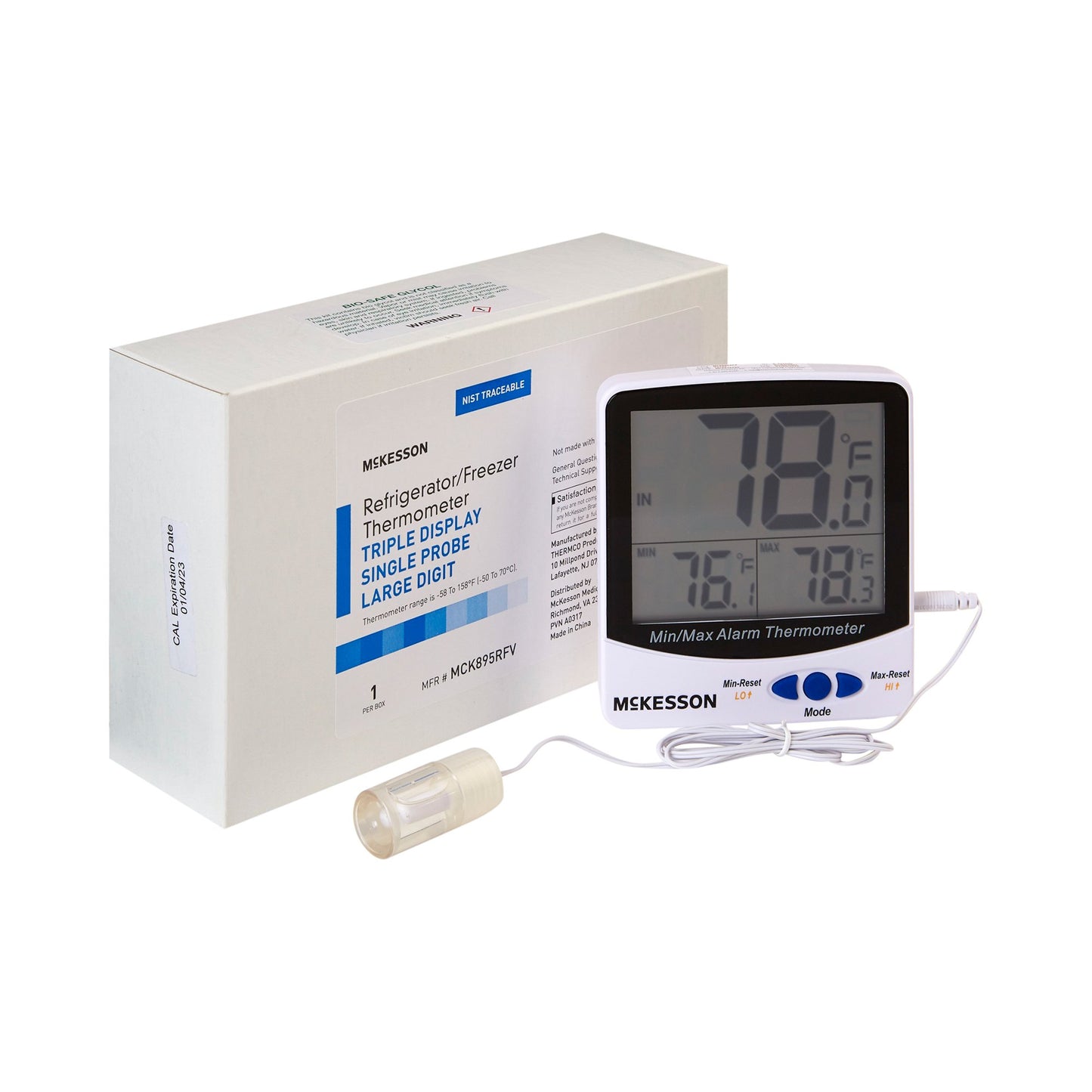 McKesson Digital Refrigerator / Freezer Thermometer with Alarm Fahrenheit / Celsius -58° to +158°F (-50° to +70°C) Glycol Bottle Probe / Internal Sensor Multiple Mounting Options Battery Operated (1074440_EA)