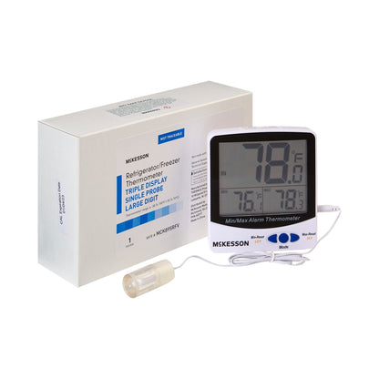 McKesson Digital Refrigerator / Freezer Thermometer with Alarm Fahrenheit / Celsius -58° to +158°F (-50° to +70°C) Glycol Bottle Probe / Internal Sensor Multiple Mounting Options Battery Operated (1074440_EA)