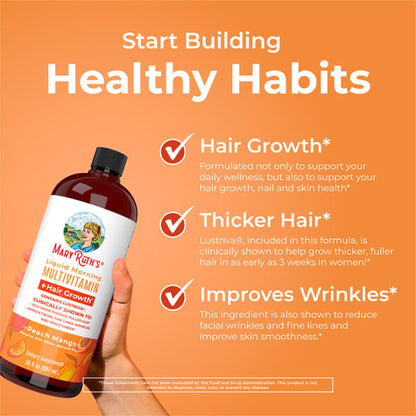 Mary Ruth's® Liquid Morning Multivitamin + Hair Growth Multivitamin Supplement Vitamin A / C / D / E 1,010 mcg - 90 mg - 20 mcg - 18 mg Strength Liquid 30 oz. Peach Mango Flavor (1271759_CS)
