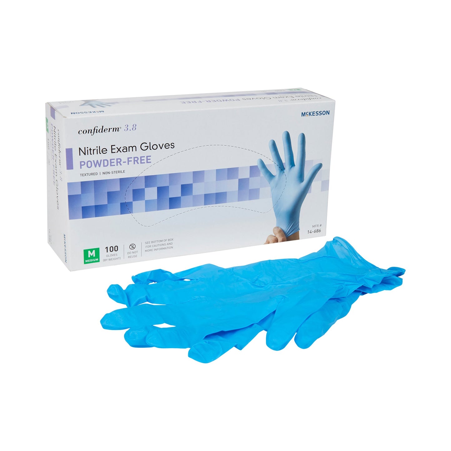 McKesson Confiderm® 3.8 Exam Glove Medium NonSterile Nitrile Standard Cuff Length Textured Fingertips Blue Not Rated (921611_BX)