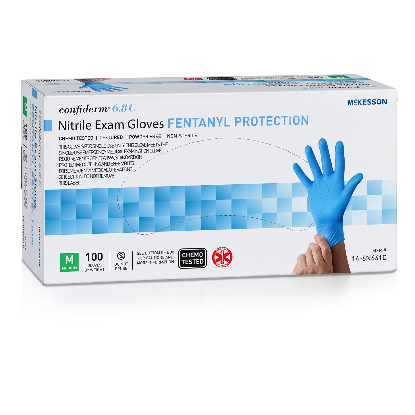 McKesson Confiderm® 6.8C Exam Glove Medium NonSterile Nitrile Standard Cuff Length Fully Textured Blue Chemo Tested / Fentanyl Tested (1225746_CS)