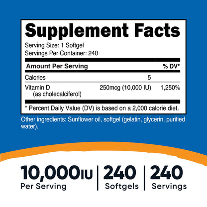 nutricost® Dietary Supplement Vitamin D3 10,000 IU Strength Softgel 240 Per Bottle (1270248_BT)