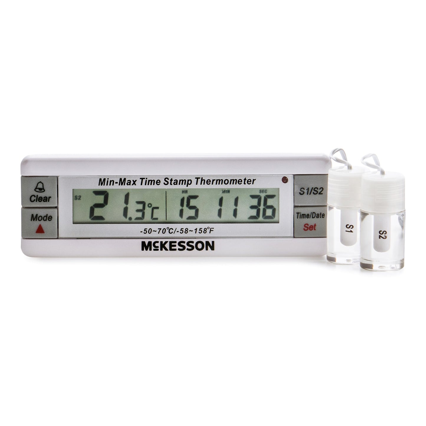 McKesson Digital Refrigerator / Freezer Thermometer with Alarm Fahrenheit / Celsius -58° to +158°F (-50° to +70°C) Desk / Wall / Door Mount Battery Operated (1074439_EA)